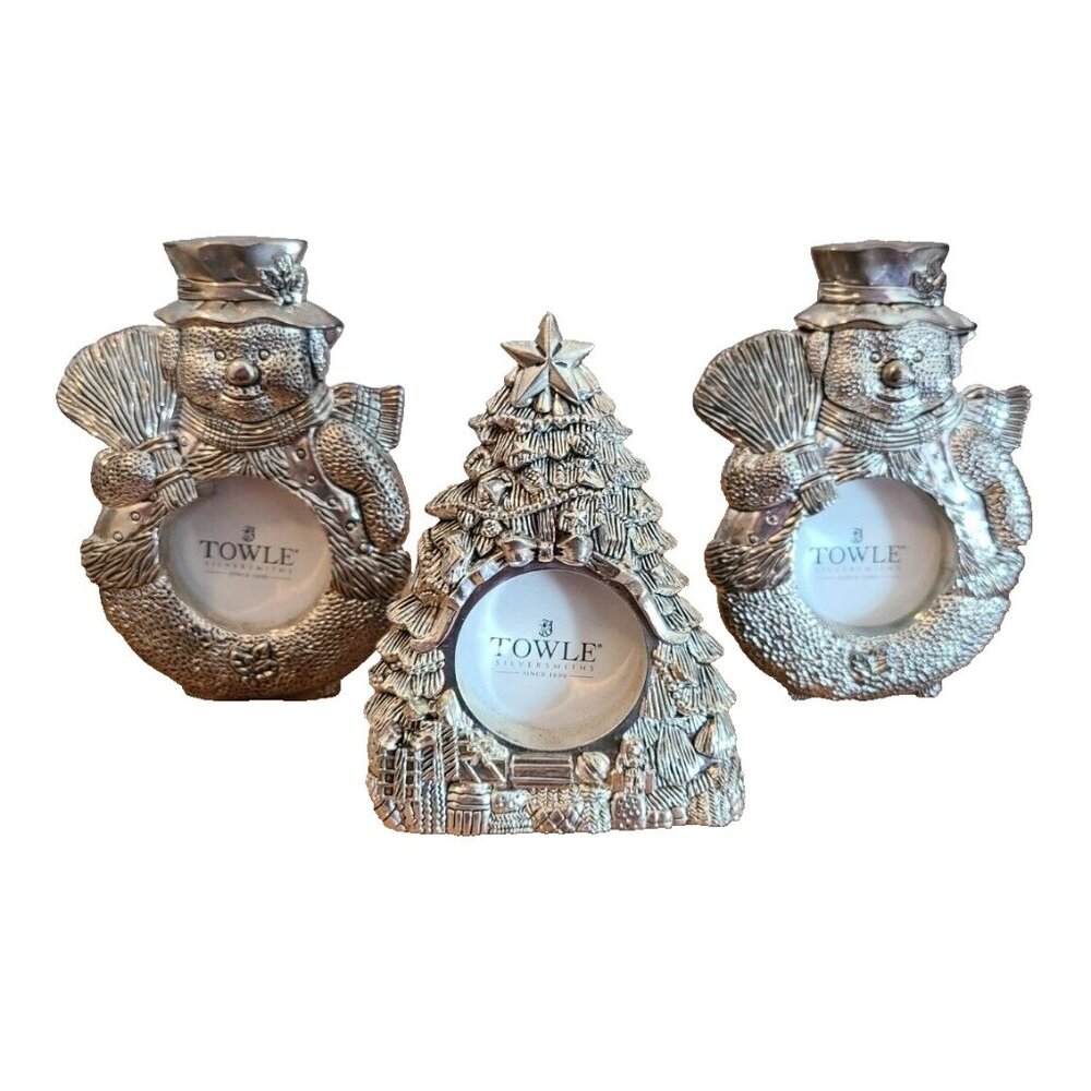 x3 Towle Silversmiths Silver Plated Christmas Holiday Picture Frame Snowman/Tree